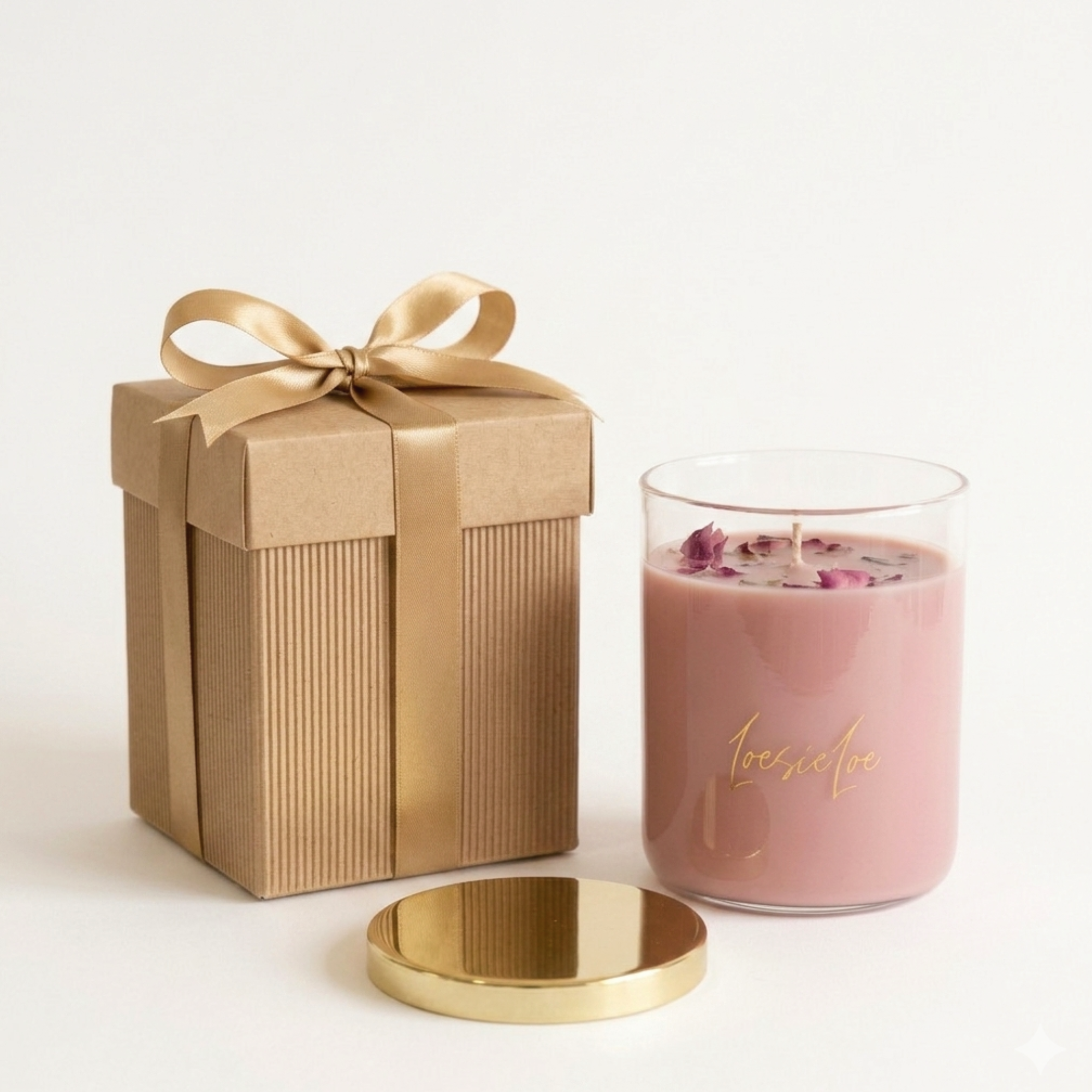 Loesieloe Golden Gift Candle with soft pink wax, golden lid, rose petals and giftbox with golden ribbon. Loesieloe Golden Gift Candle met zachte roze wax, gouden deksel, rozenblaadjes en giftbox met gouden lint.